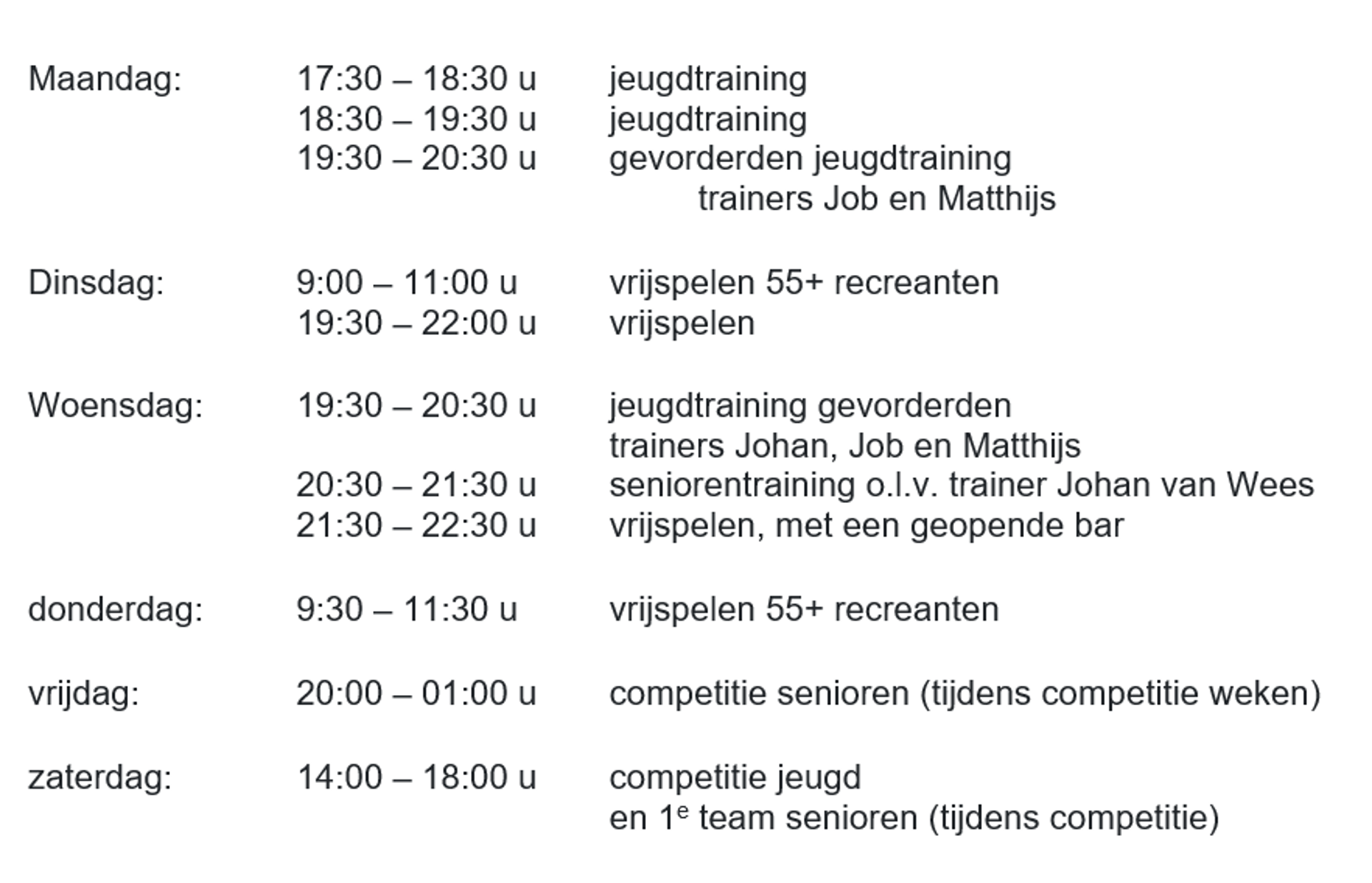 Schermafbeelding Trainingstijden